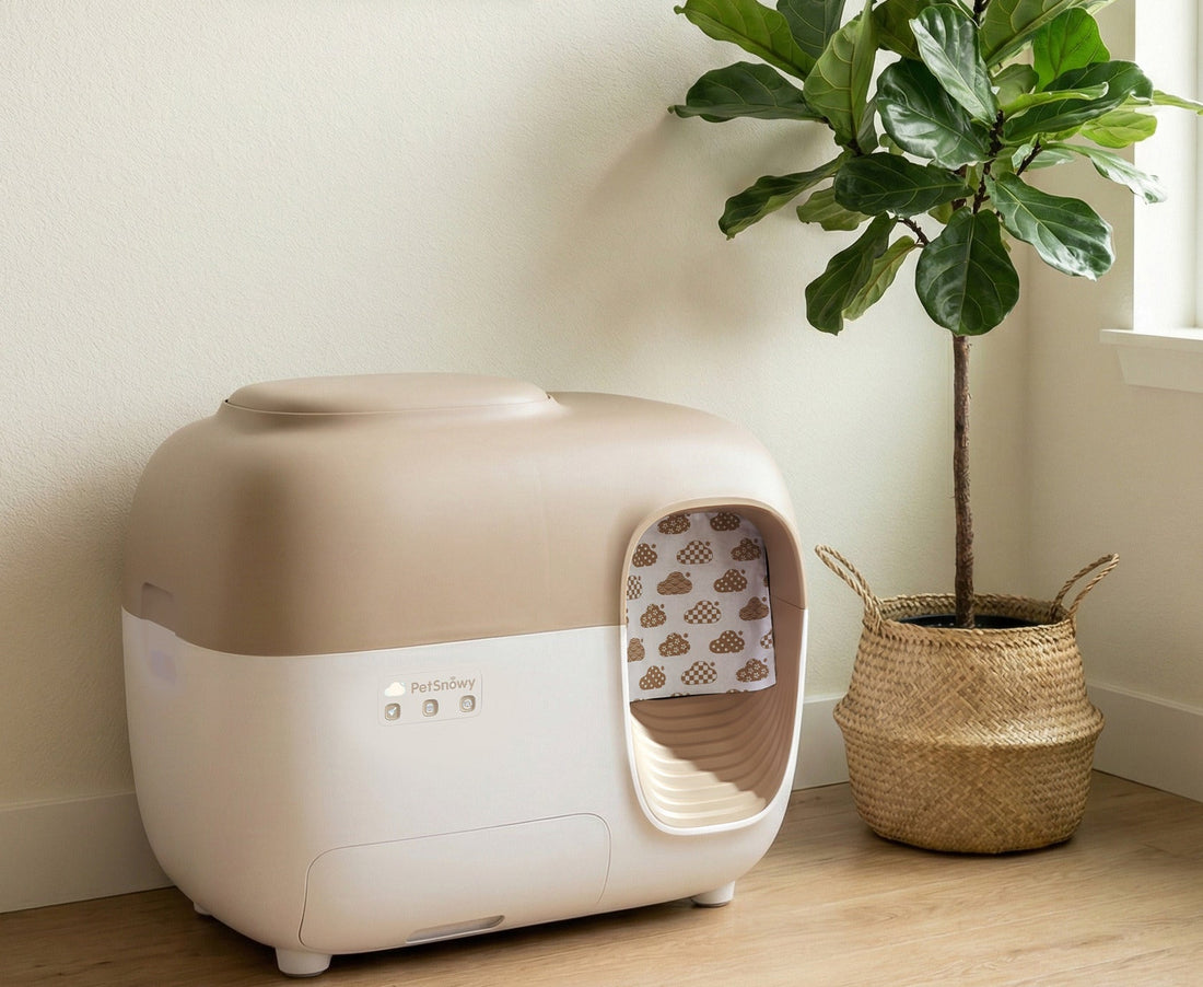 Cat hygiene setup with automatic litter box and air purifier controlling litter box odor and dust