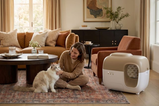 Woman petting cat next to a PetSnowy self-cleaning litter box in a kitten-safe living room