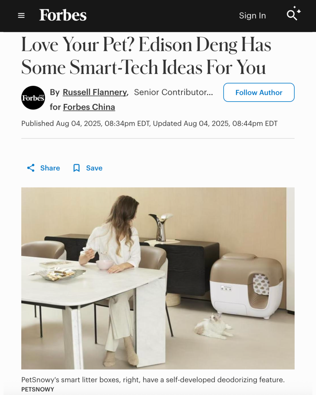 PetSnowy Founder Edison Deng Featured in Forbes for Smart Pet Tech Innovation