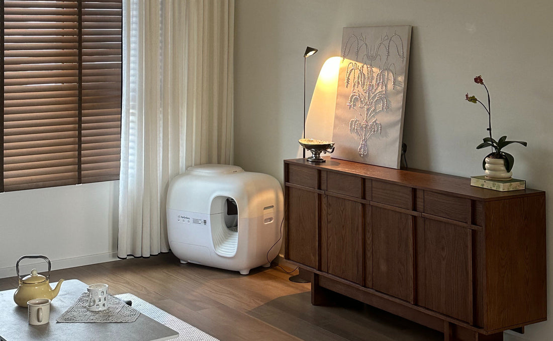 A tidy living room with a white PetSnowy litter box beside a wooden sideboard, soft lighting, and a tea set on a low table.