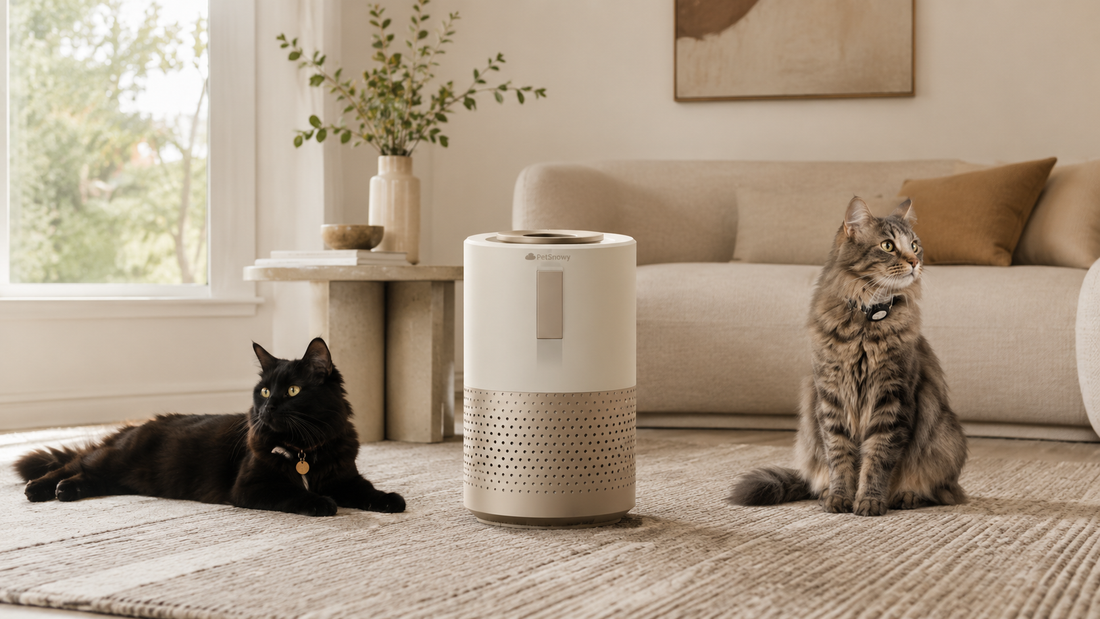 Two cats beside a pet air purifier in a clean home for pet hair, dander, and odor control