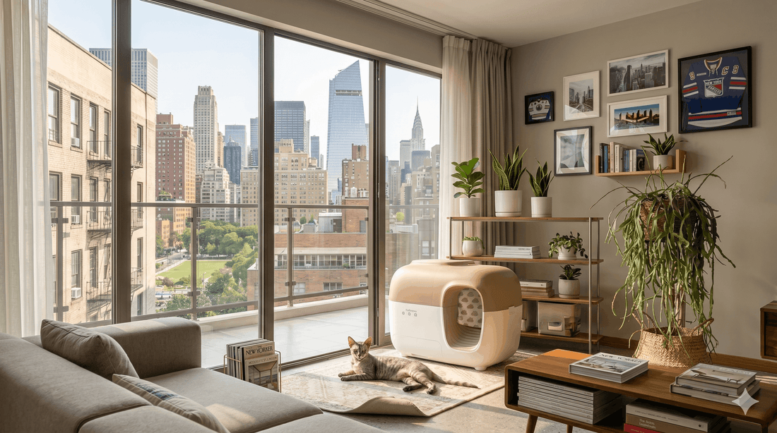 Indoor cat relaxing in an apartment during summer with fresh airflow, soft furnishings, and a clean litter box area