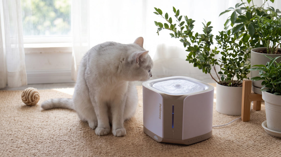 cat drinking from pet water fountain