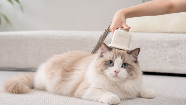 A long-haired Ragdoll cat lying down while an owner uses a PetSnowy VacPro grooming attachment to brush its head and remove loose fur.