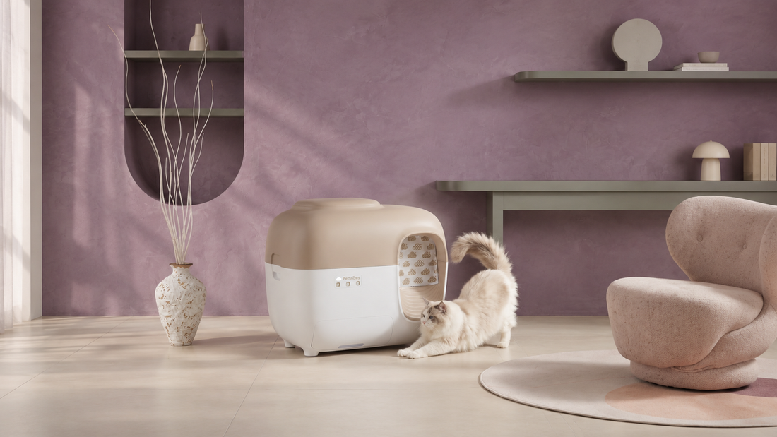 Cat using a litter box at home