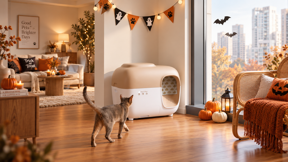 Cat walking toward a familiar litter box while overnight guests arrive at home