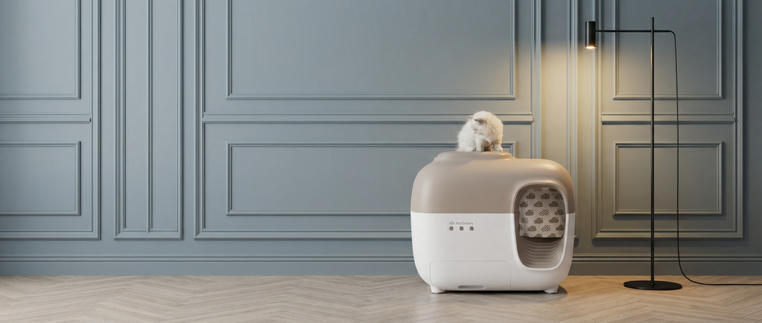 Cat sitting next to a litter box, illustrating how monitoring litter box duration can help detect pain, stress, and health issues in cats