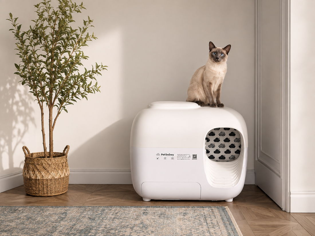 Indoor cat resting calmly on top of a SNOW+ litter box