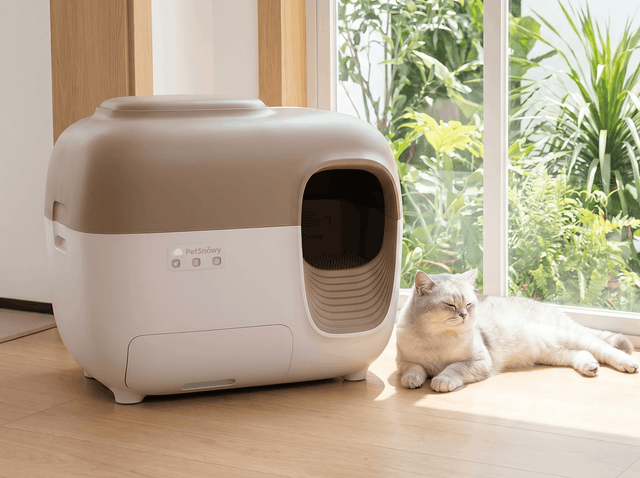 Cat sitting beside a litter box in the morning