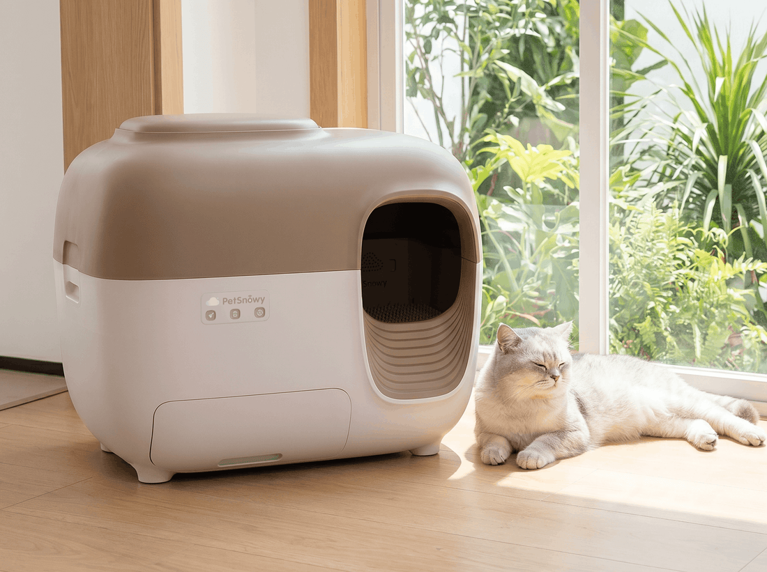 Cat sitting beside a litter box in the morning