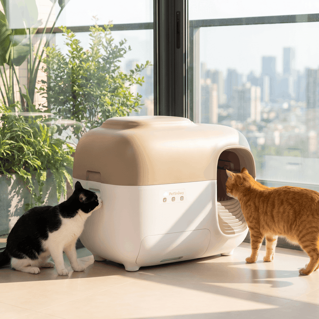 Two cats sitting near a petsnowy automatic litter box