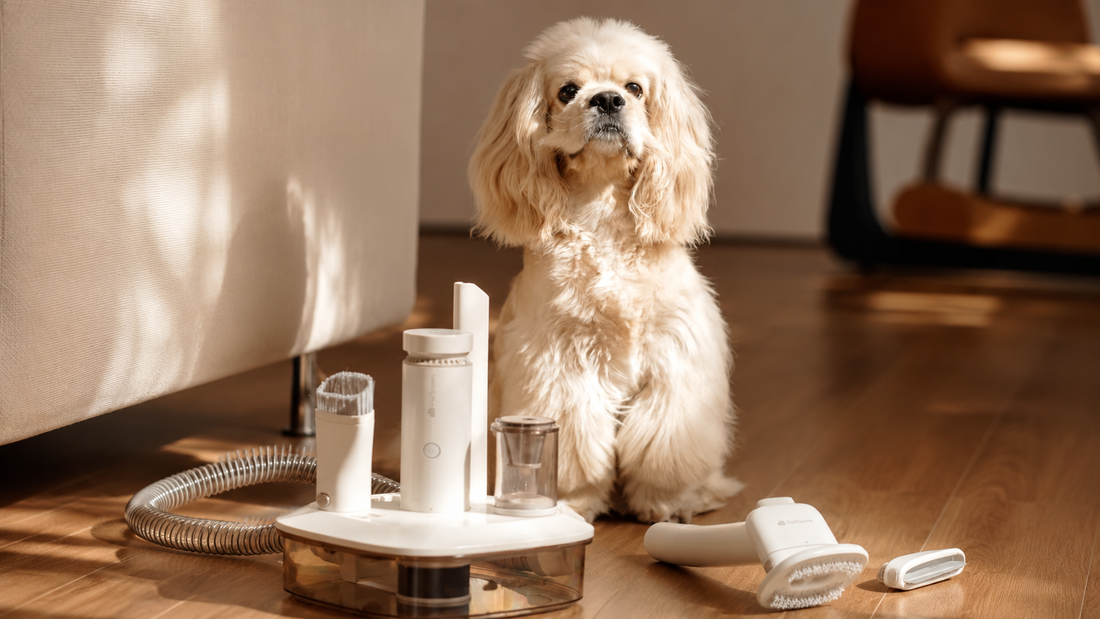 Pet being gently groomed at home to reduce loose fur before it spreads to furniture and floors