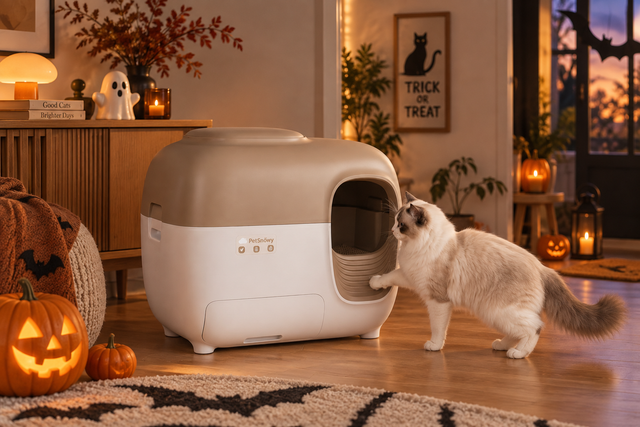 Indoor cat resting during Halloween trick-or-treating  
