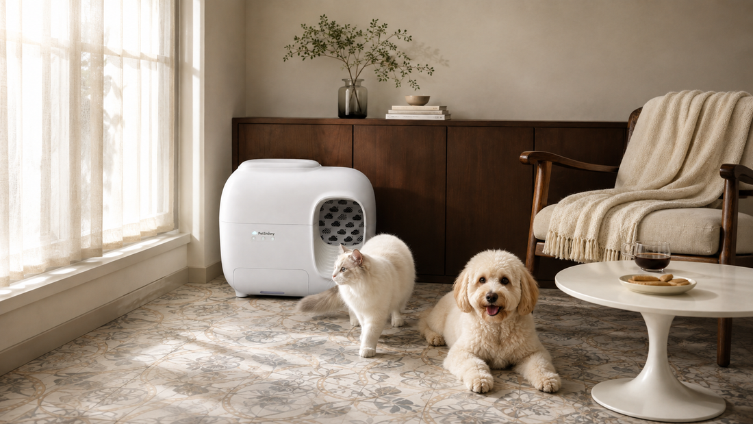  Dog and cat near a covered litter box in a shared home
