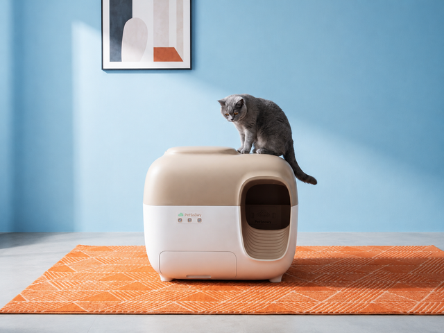 Cat sitting on an enclosed automatic litter box in a living room