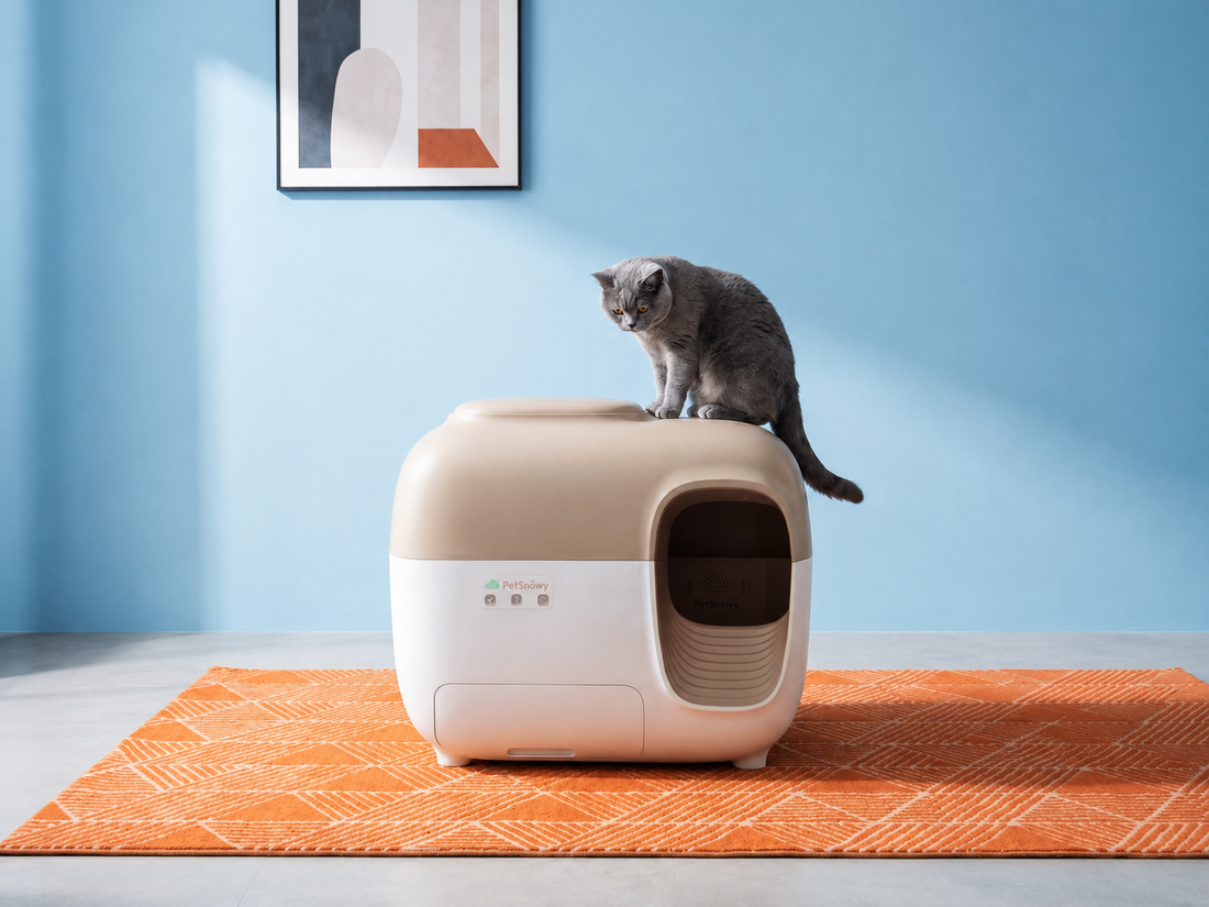 Cat sitting on an enclosed automatic litter box in a living room