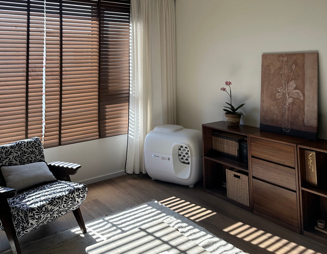 "PetSnowy SNOW+ automatic litter box with curved walkway to prevent tracking.