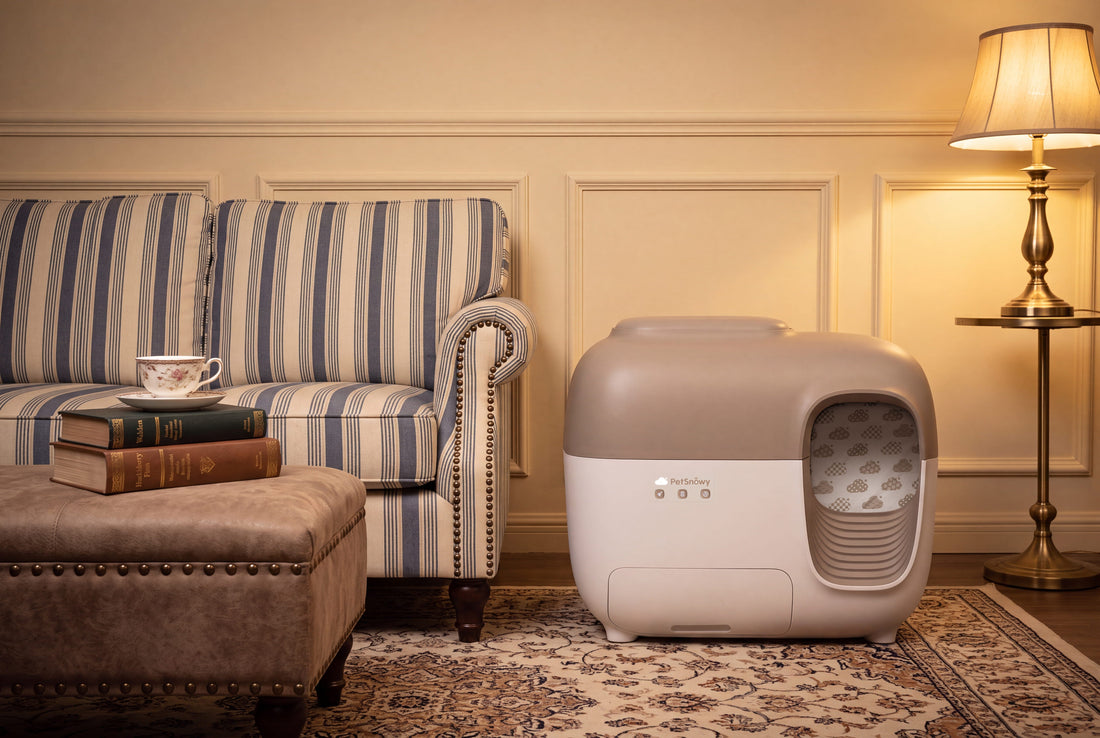 SNOW+ automatic litter box in a calm modern home