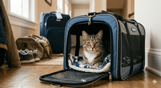 Cat sitting calmly inside a travel carrier before a trip