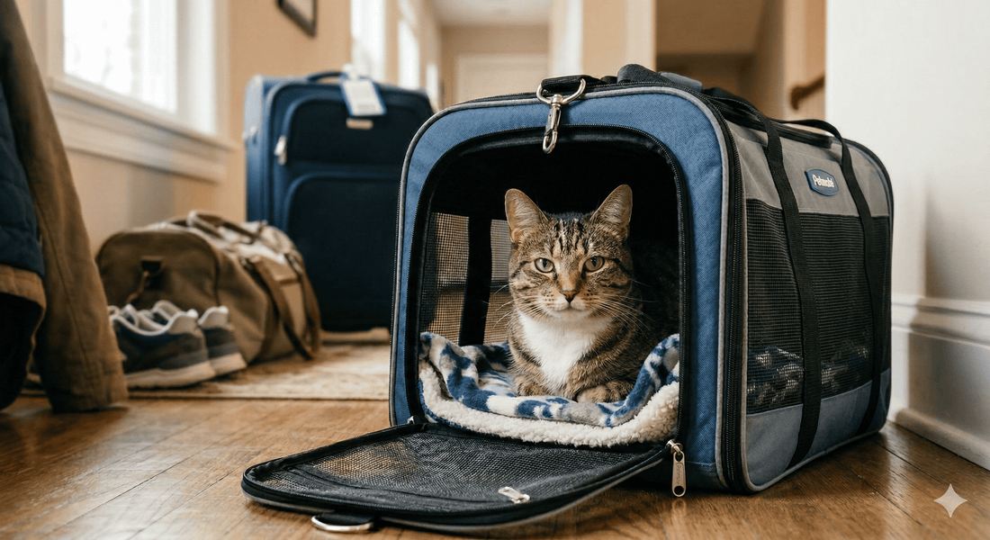 Cat sitting calmly inside a travel carrier before a trip