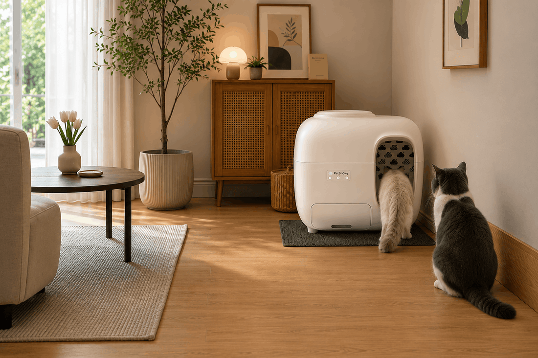 Two cats sitting near a PetSnowy automatic litter box in a clean home