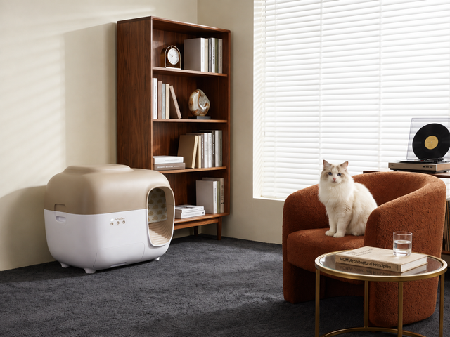Ragdoll cat sitting on a armchair next to an automatic cat litter box