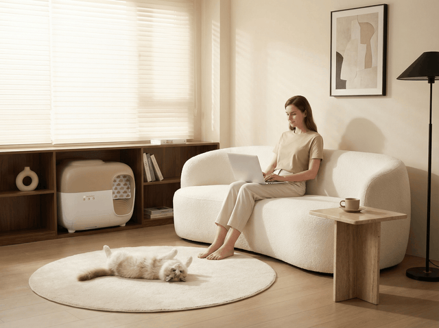 A woman relaxing with her cat in a clean living room, showing a PetSnowy self-cleaning litter box placed neatly next to the sofa edge.