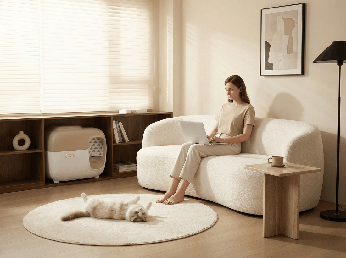 A woman relaxing with her cat in a clean living room, showing a PetSnowy self-cleaning litter box placed neatly next to the sofa edge.