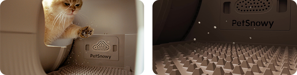 cat shaking litter off its paws onto mat